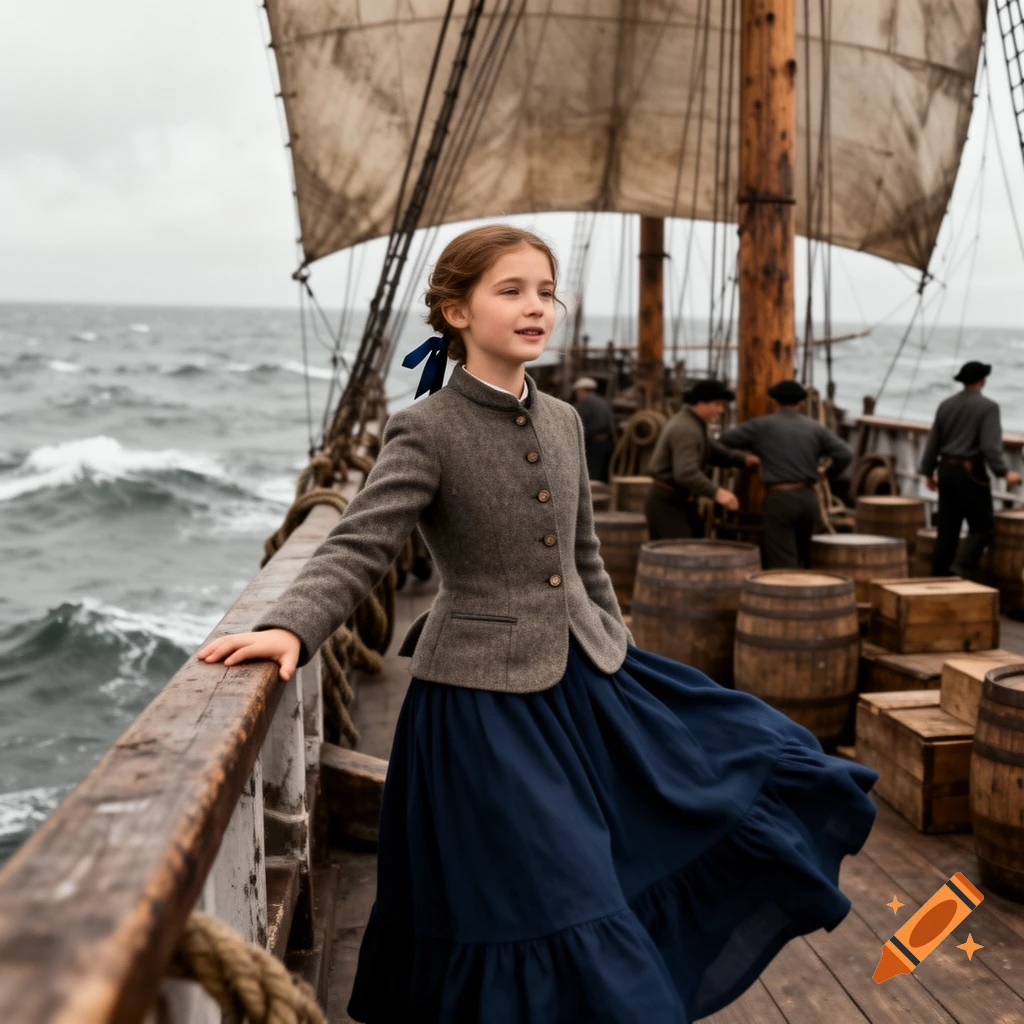 A young girl in a grey jacket and blue skirt stands on a wooden sailing ship deck, gazing at a cloudy, wavy sea.