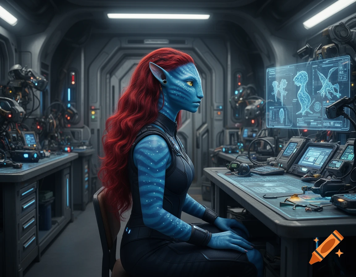 A blue-skinned, red-haired alien character with striped markings sits at a futuristic desk, looking at a holographic screen in a sci-fi lab.