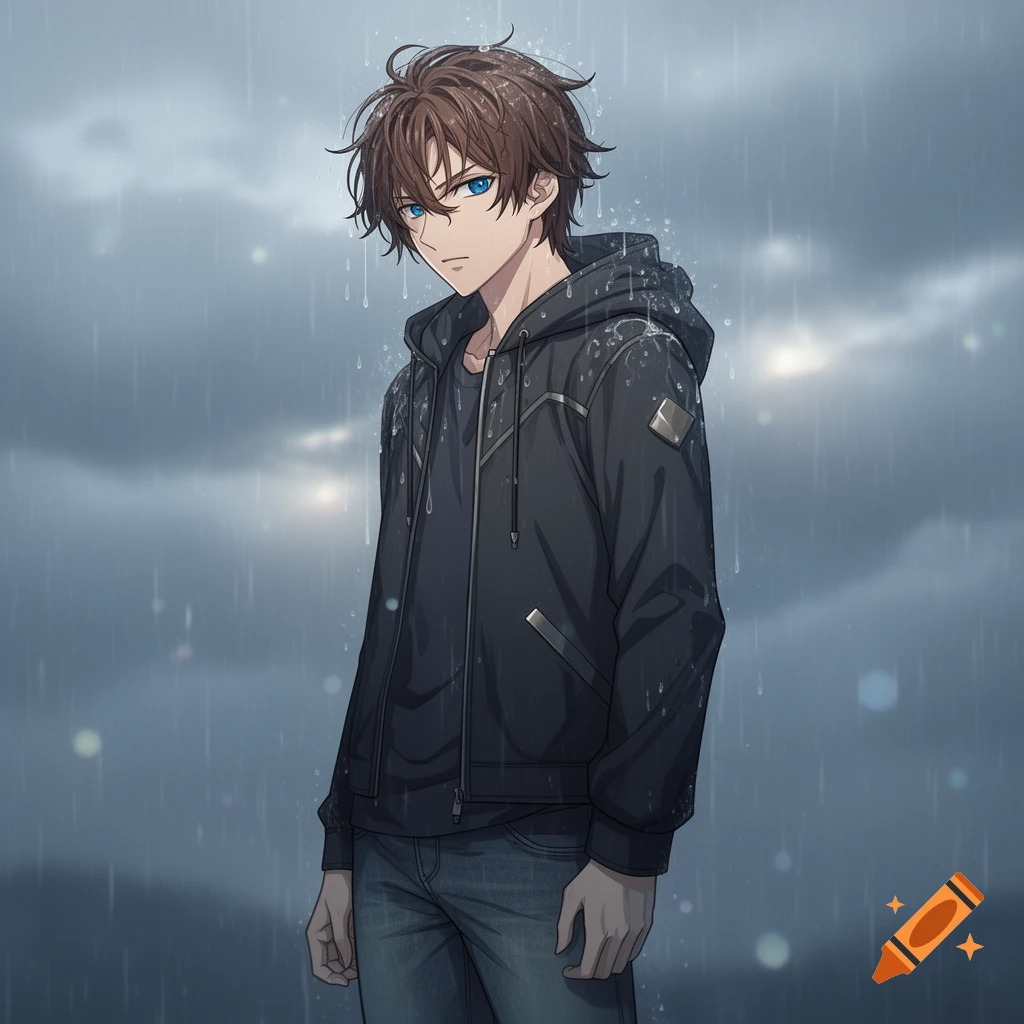 An anime boy with brown hair and blue eyes stands in the rain, wearing a dark hoodie and jeans.