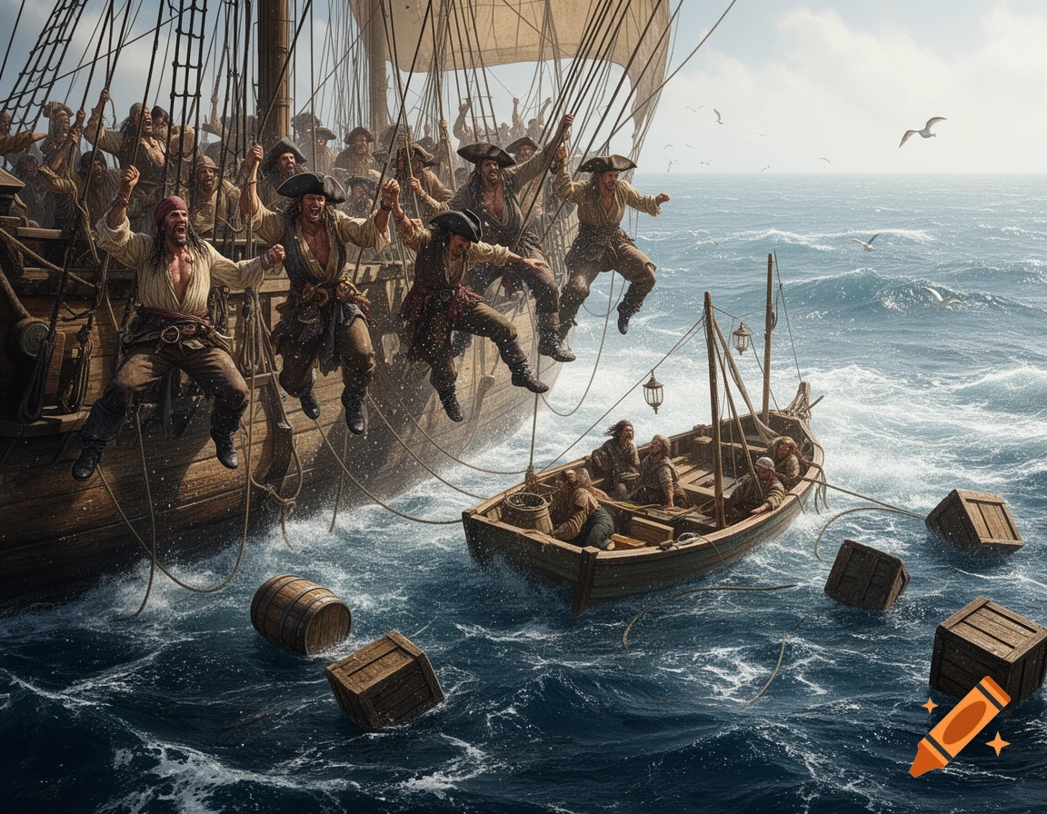 A crew of pirates in period clothing leaps from a large ship onto a smaller fishing boat in rough seas, surrounded by floating crates.