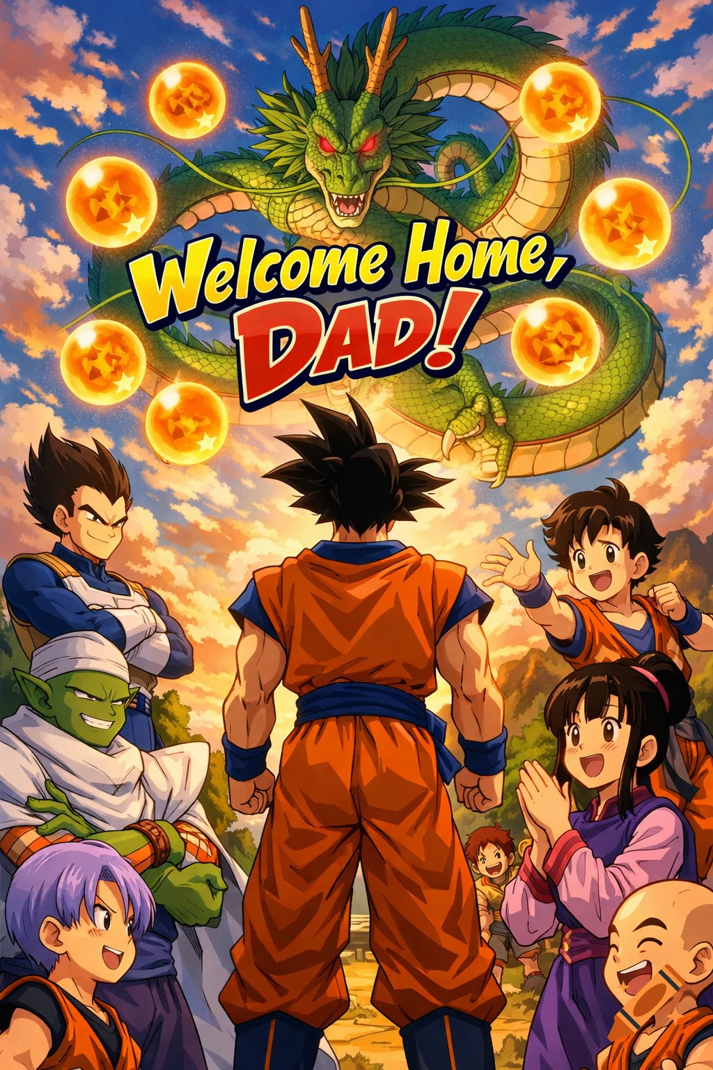 Goku, seen from behind, is greeted by Vegeta, Piccolo, Gohan, Chi-Chi, and others, with Shenron and dragon balls in the sky. Text says "Welcome Home, DAD!"