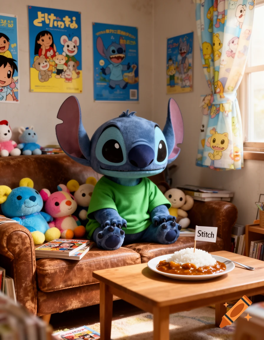 A large Stitch plush doll in a green shirt sits on a brown leather couch in a cozy room, surrounded by other stuffed animals and cartoon posters. A small table in front holds a plate of curry rice with a tiny flag labeled "Stitch".