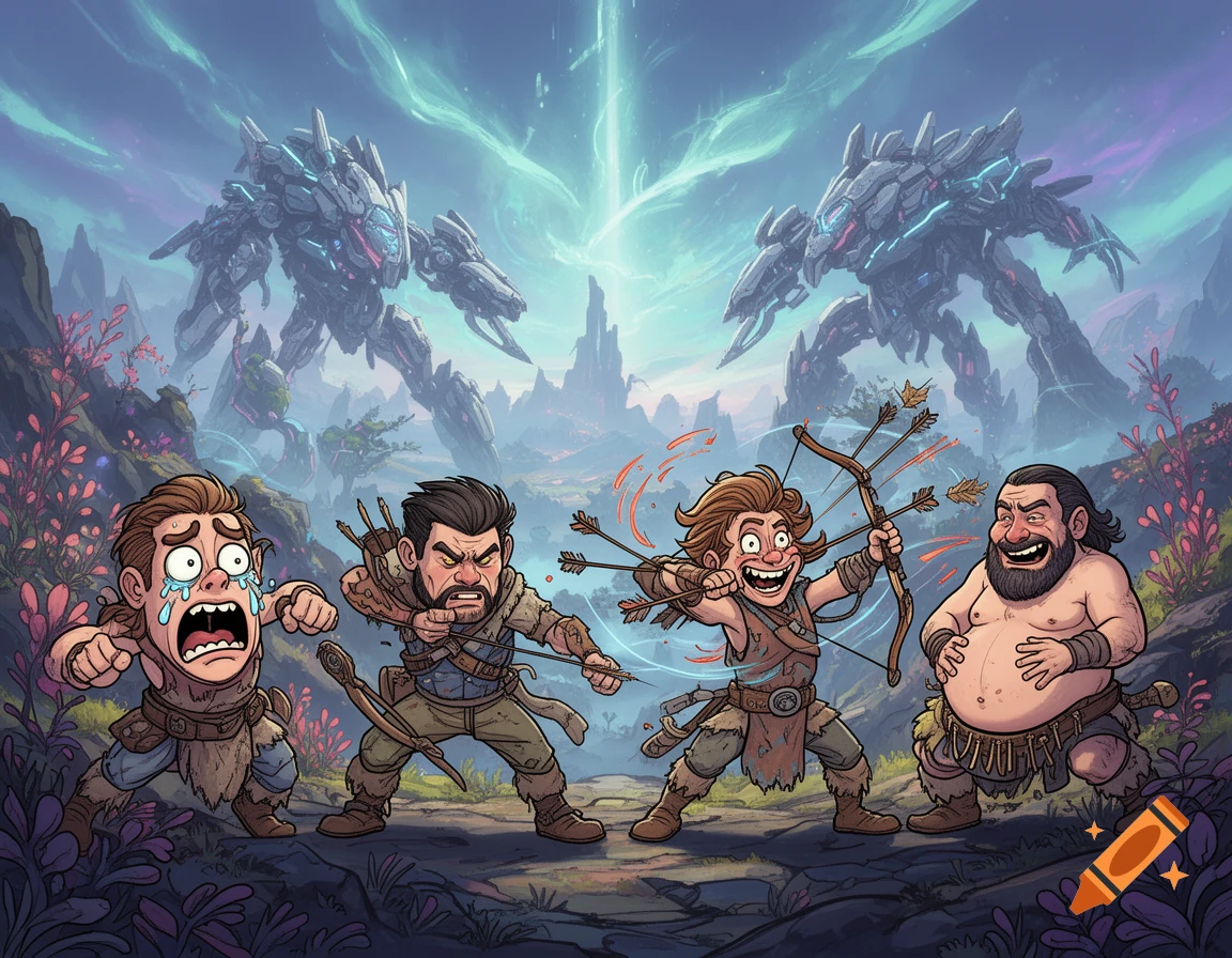 Four humorous cartoon male characters with bows in a vibrant alien ...