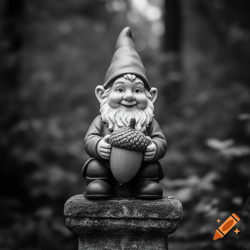 Black and white photograph of a smiling garden gnome statue holding a large acorn against a blurred forest background.