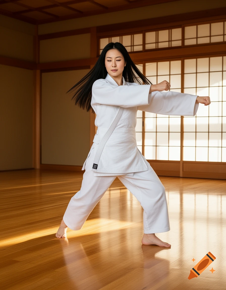 A Japanese woman with long black hair in a white martial arts gi performs a graceful stance in a brightly lit traditional dojo.