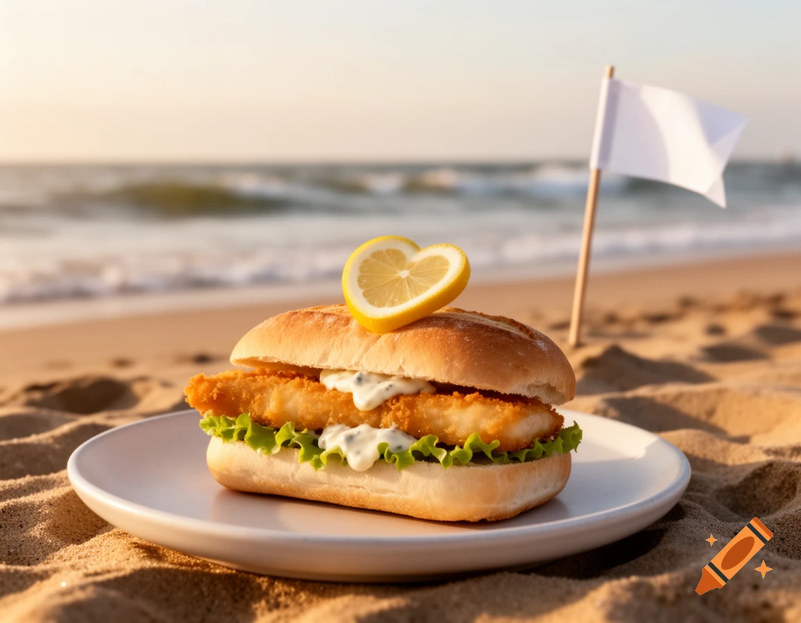 Photorealistic fish sandwich with a heart-shaped lemon slice on a white plate on a sandy beach, with a white flag and ocean in the background.