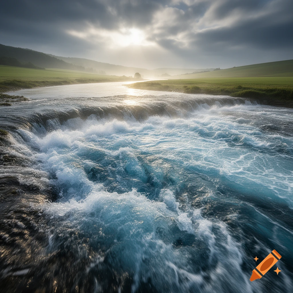 Photorealistic scene of a river with rapids flowing over rocks, surrounded by green hills under a dramatic cloudy sky with sunlight.