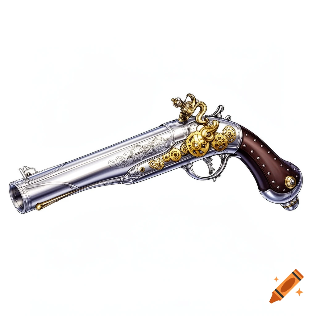 An anime-style silver steampunk musket pistol with golden gears and brown grip on a white background.