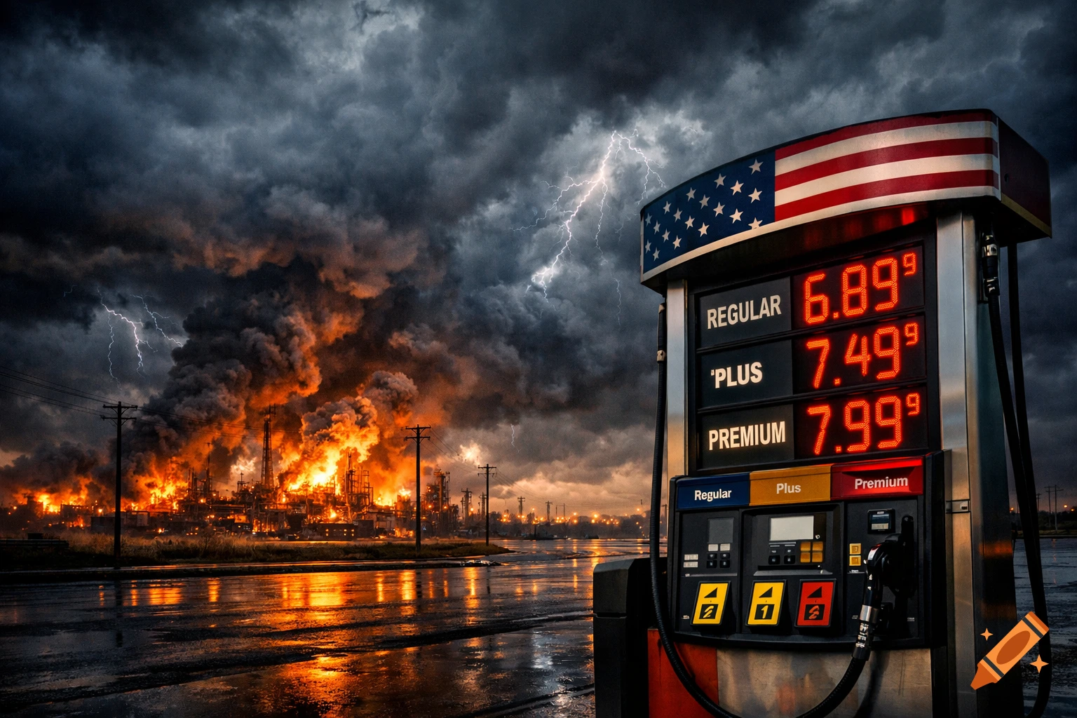 Photorealistic American gas pump with high prices in the foreground, oil refinery ablaze under a stormy, lightning-filled sky.