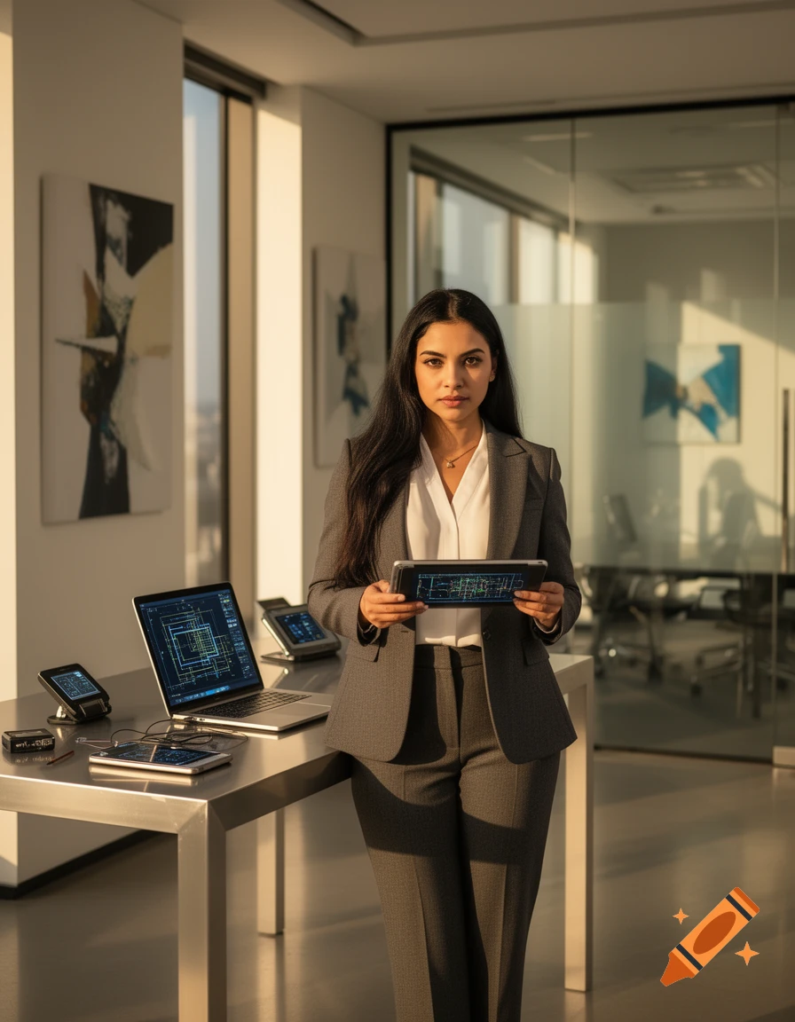 A professional woman in a gray suit holds a tablet with schematics in a modern office with tech devices on a desk.