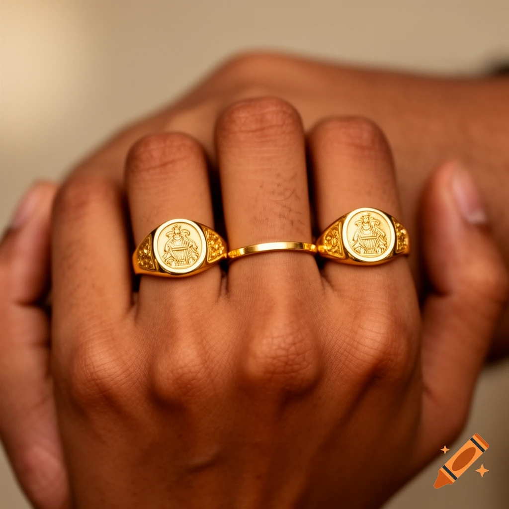 Close-up of a hand wearing two ornate gold signet rings connected by a thin gold band between two fingers.