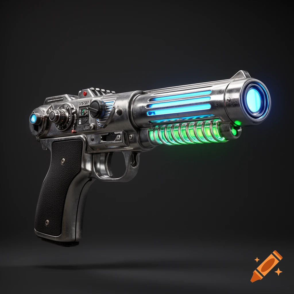 A detailed metallic sci-fi pistol with glowing blue and green energy components against a dark background.