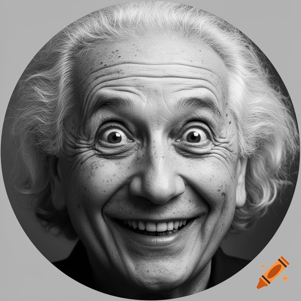 Black and white circular portrait of an elderly man with white curly hair, wide eyes, and a broad smile.