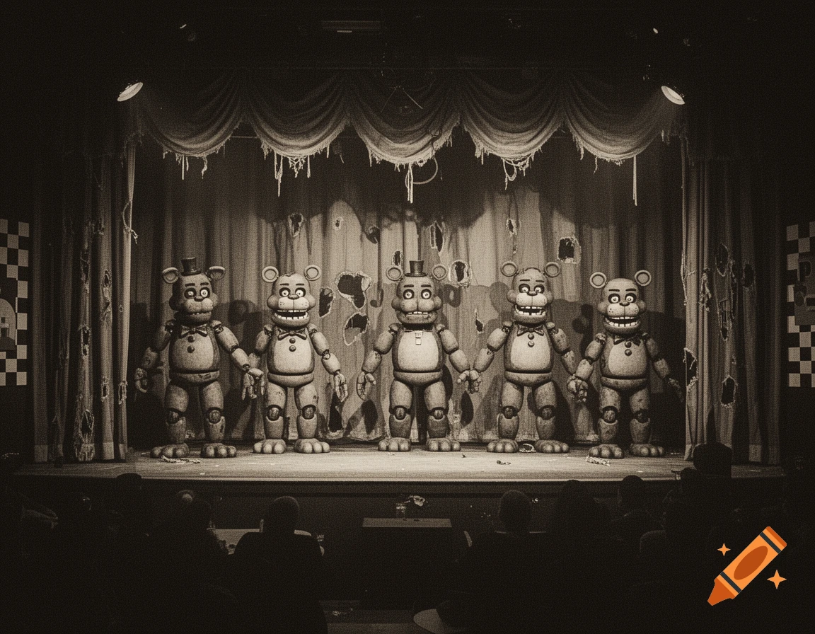 Five bear-like animatronics with top hats and bow ties stand on a dark, dilapidated stage before a silhouetted audience. Sepia-toned.