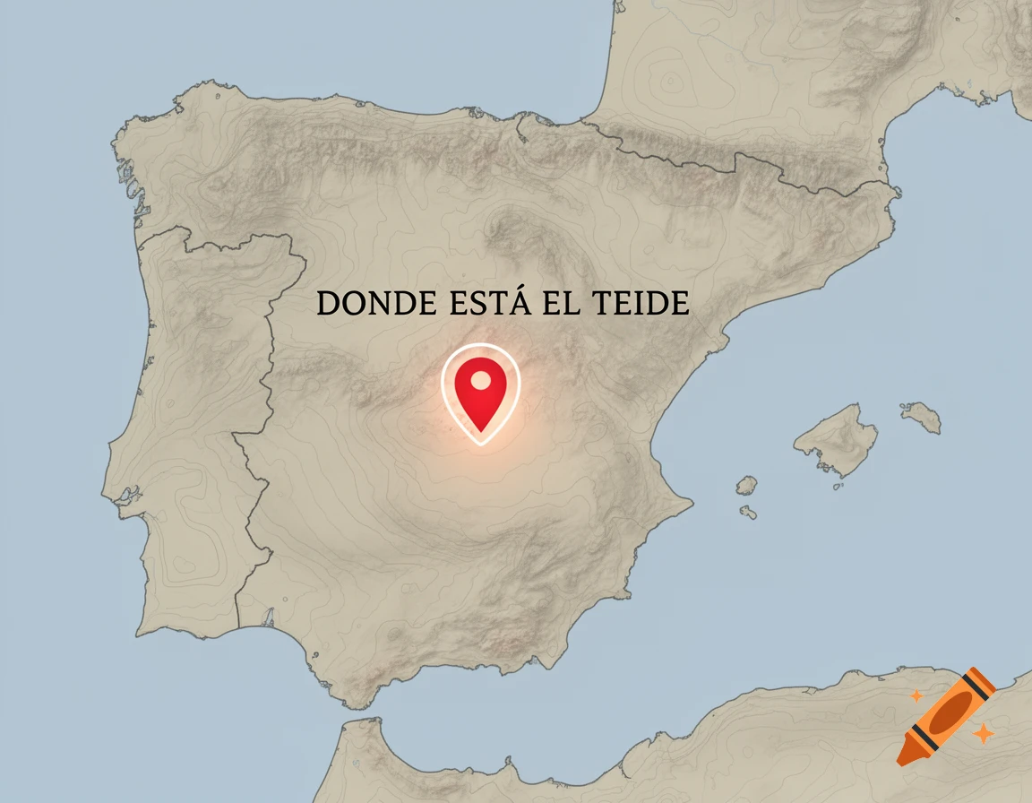 A topographical map of the Iberian Peninsula with a red location pin marked in the center of Spain, accompanied by the Spanish text "DONDE ESTÁ EL TEIDE" (WHERE IS EL TEIDE).