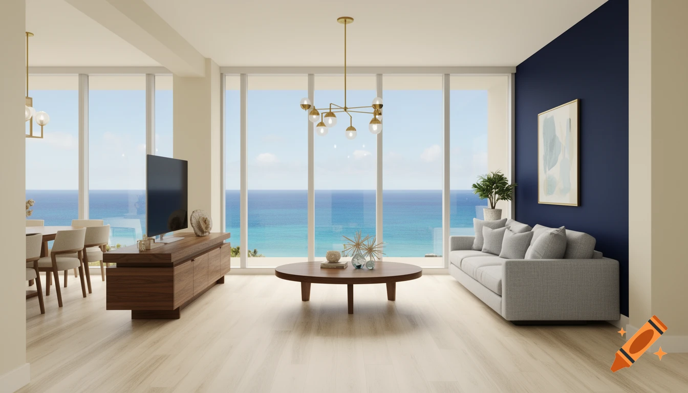 Photorealistic luxury coastal living room with ocean view, light wood floors, grey sofa, wood media console, and a dining area.