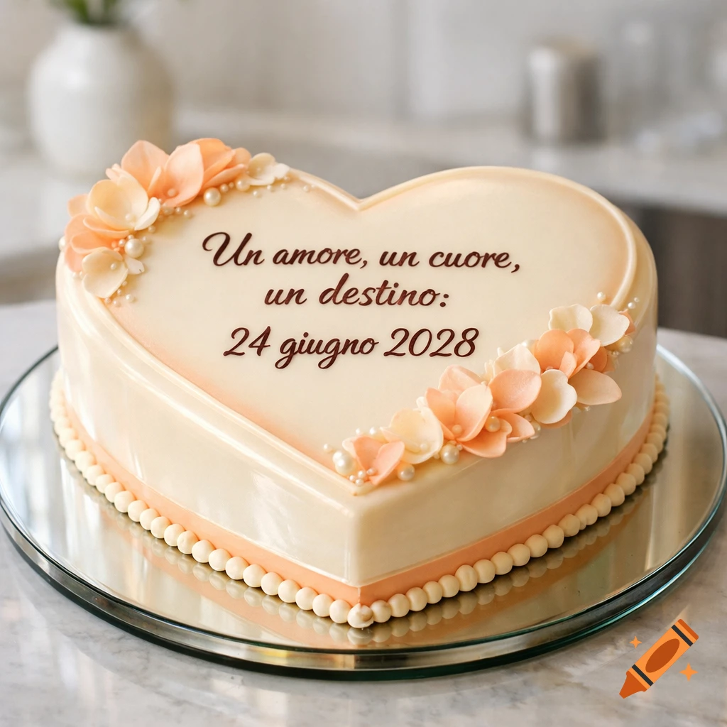 A heart-shaped cake in creamy white and peach, decorated with small flowers and pearls, featuring the inscription 'Un amore, un cuore, un destino: 24 giugno 2028'.