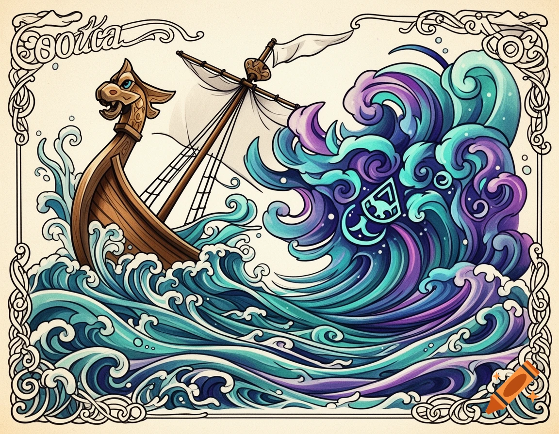A stylized brown ship with a dragon head figurehead sails through teal and purple waves, within a decorative art nouveau border.