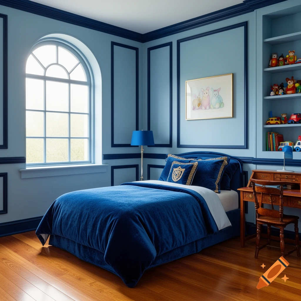 A royal blue themed child's bedroom with a large arched window, a bed with velvet bedding, a wooden desk, and shelves filled with toys.