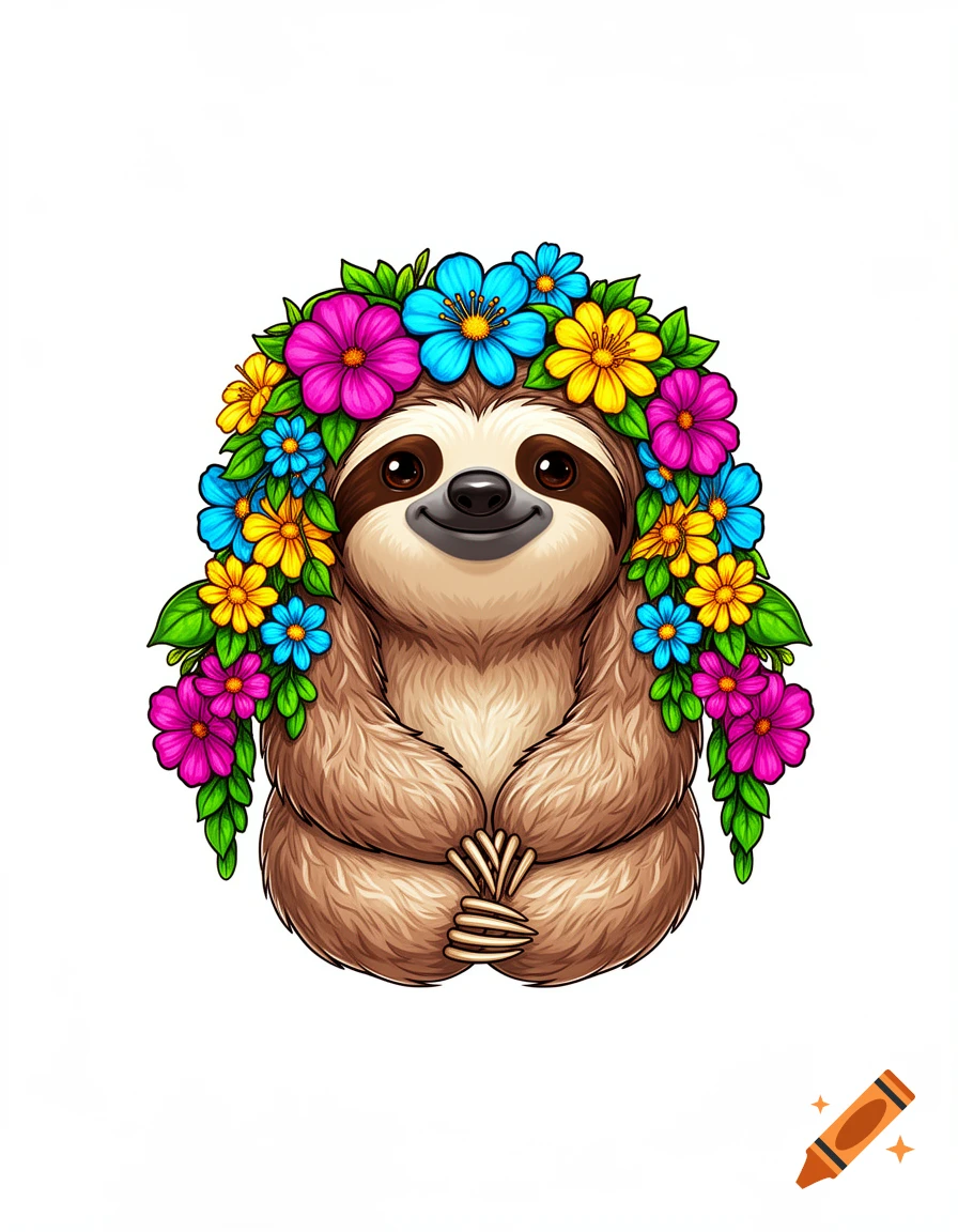 A smiling, cute cartoon sloth wears a vibrant crown of pink, blue, and yellow flowers on its head, against a white background.