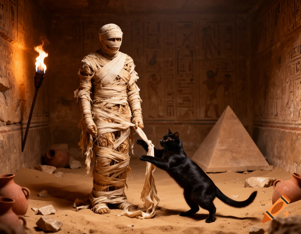 Photorealistic image of a black cat playing with a mummy's bandages in an ancient Egyptian tomb with hieroglyphs and a torch.