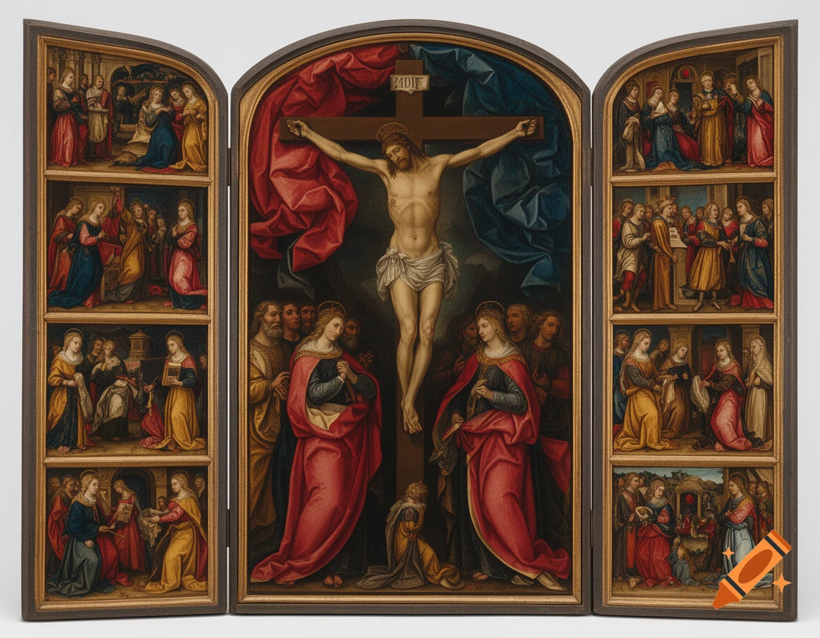 Classical painting triptych depicting the Crucifixion of Christ in the center and various religious scenes on the side panels.