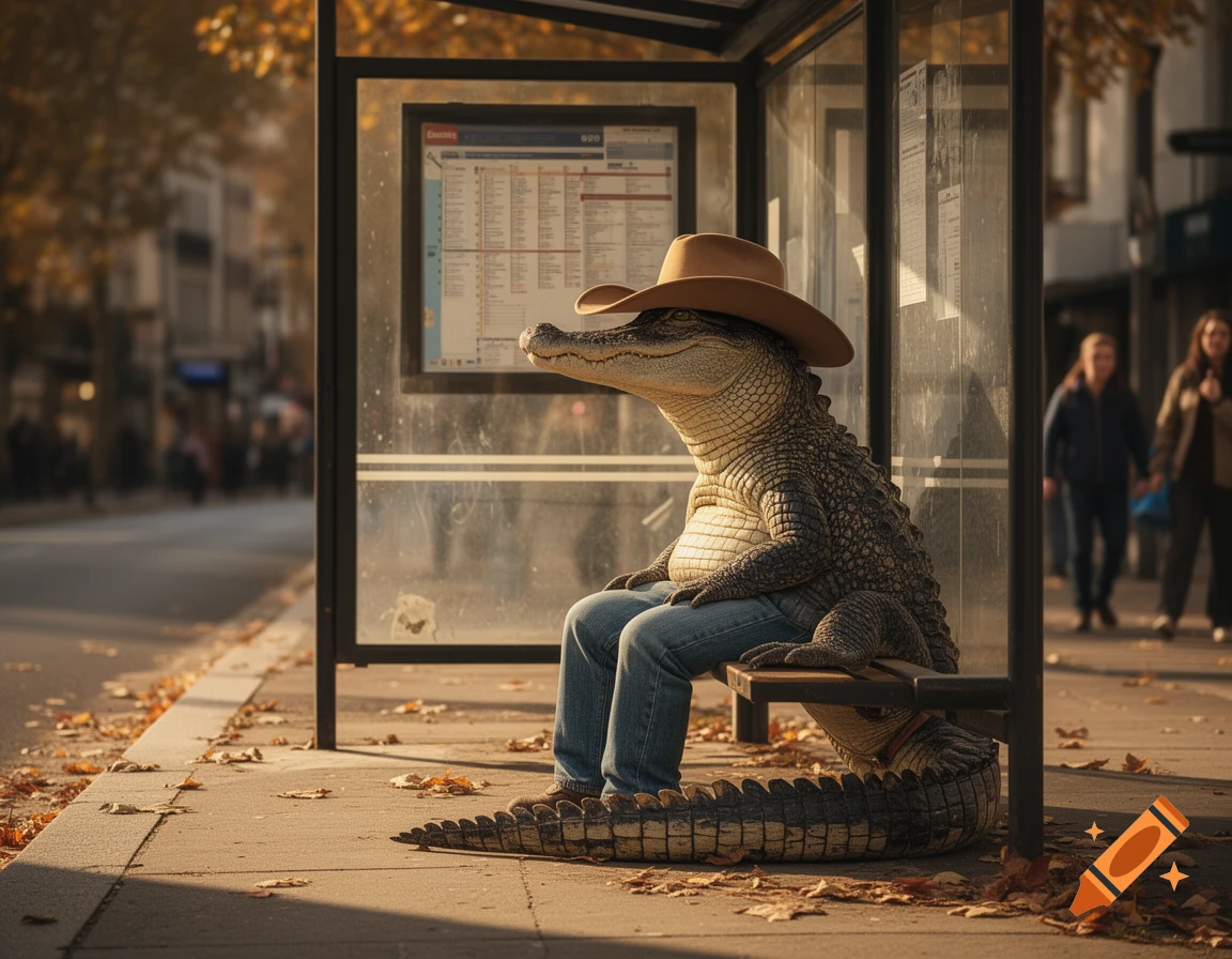 A photorealistic crocodile wearing a cowboy hat and jeans sits patiently on a bench at a bus stop on an autumn day.