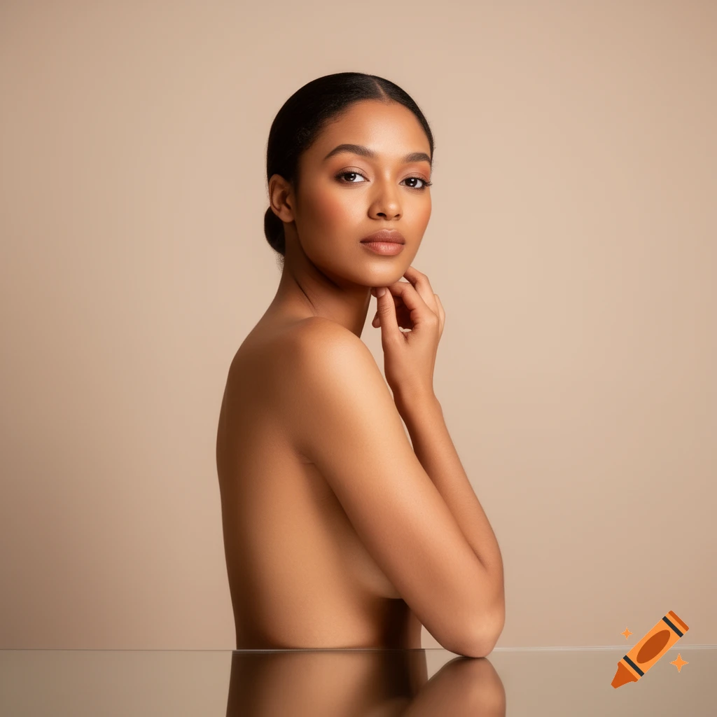 A woman with her hair pulled back, in a beauty shot, looks directly at the camera while leaning on a reflective surface.