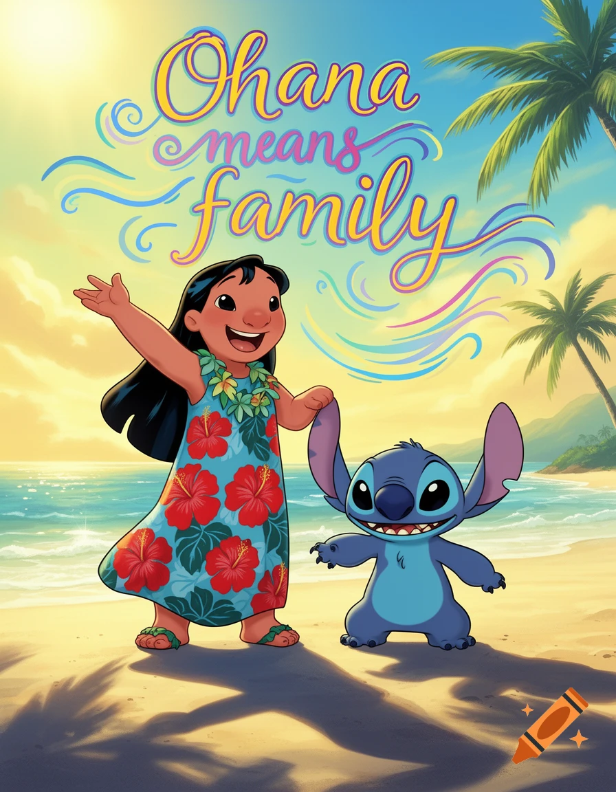 Lilo and Stitch stand on a sandy beach under a blue sky, with palm trees and ocean in the background. Colorful text reads 'Ohana means family' above them.