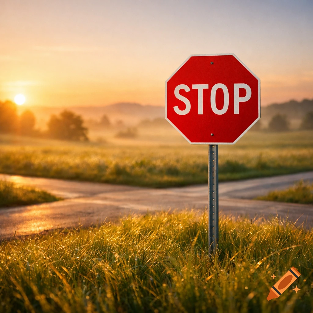 A red stop sign with white 'STOP' letters stands at a crossroads in a green, dewy field bathed in golden sunrise light.