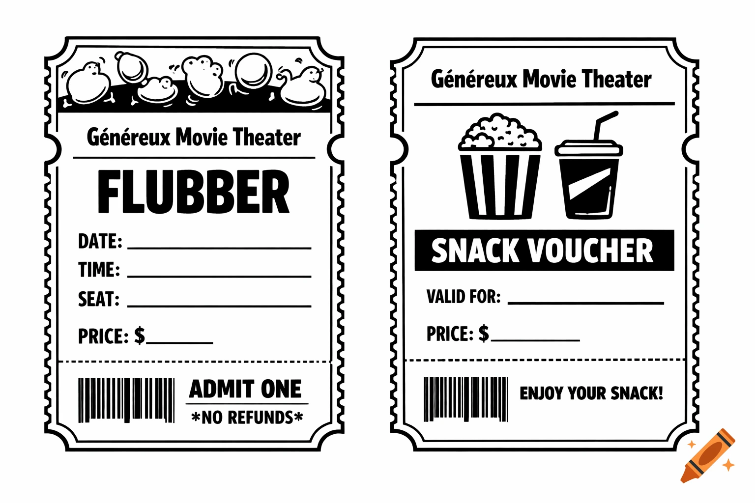 Two black and white line art tickets. One is a movie ticket for 'FLUBBER' at 'Généreux Movie Theater', and the other is a snack voucher with popcorn and a drink.