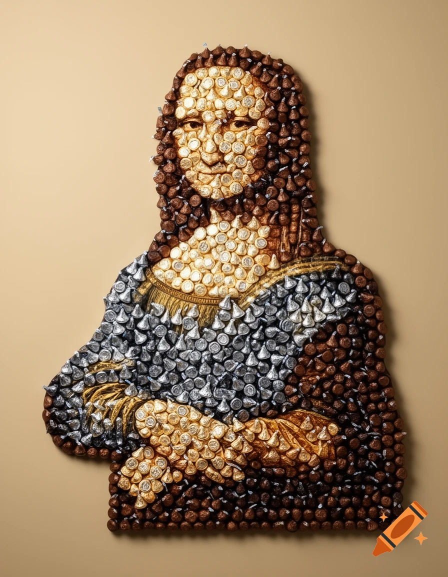 Mona Lisa portrait made entirely of gold, silver, and brown Hershey's Kisses on a beige background.