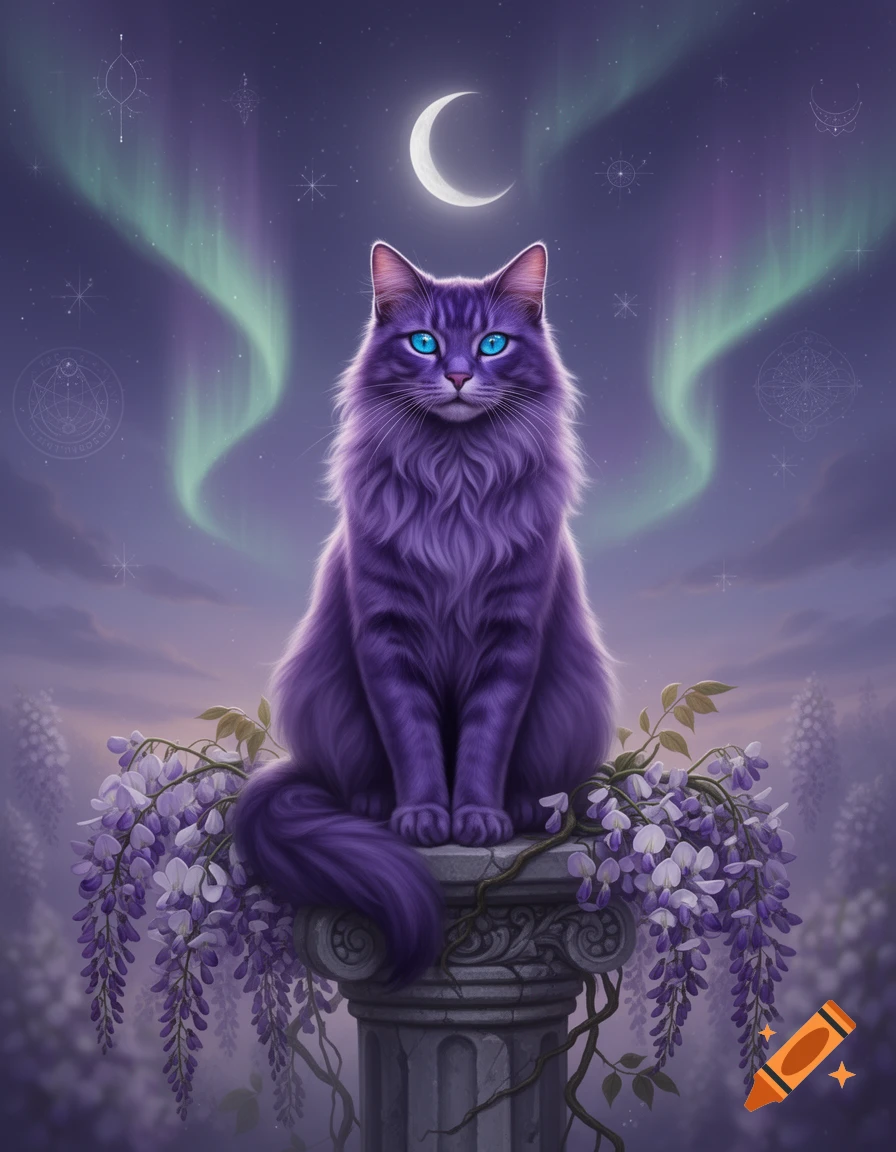 A majestic purple cat with glowing blue eyes sits on a wisteria-draped pillar under a crescent moon and green aurora in a fantasy style.