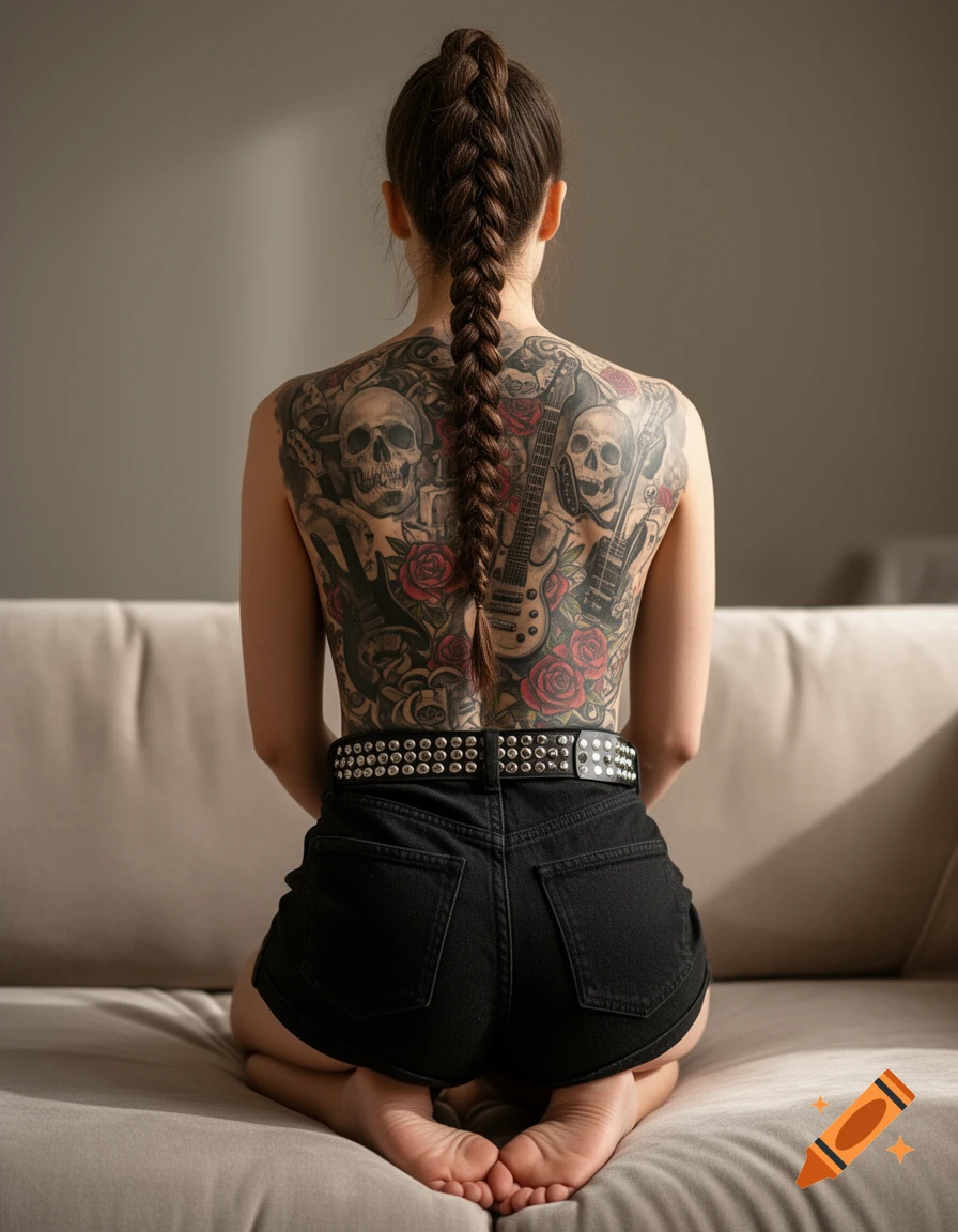 Photorealistic image of a woman kneeling on a couch, seen from behind, with a braided ponytail and a full back tattoo of skulls, roses, and guitars.