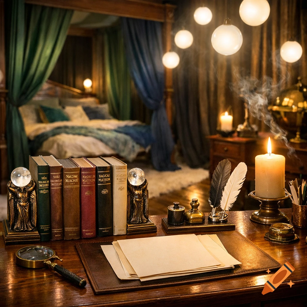 A magical study with books, quills, and a lit candle on a desk in the foreground, and a four-poster bed in the background.
