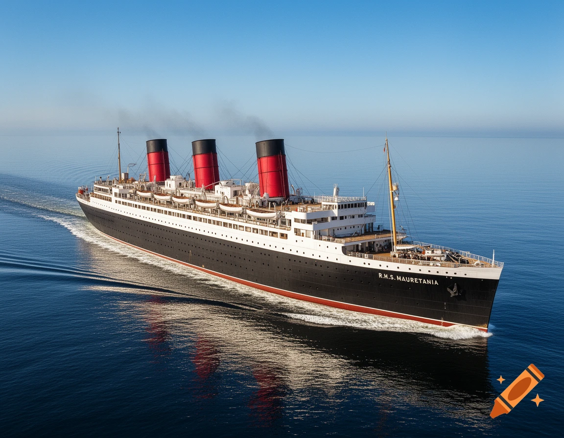 A photorealistic depiction of the R.M.S. Mauretania, a black and white ocean liner with three red-topped funnels, sailing on a calm blue sea.