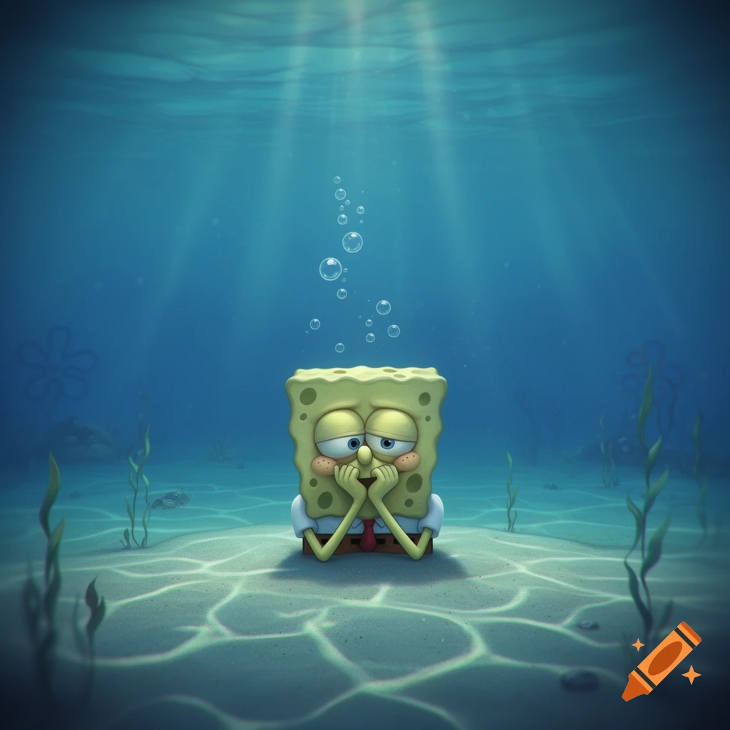 A sad Spongebob Squarepants sits on the ocean floor, head in hands, under dappled light.