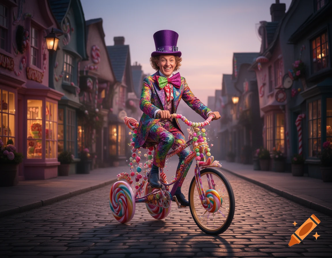 A man in a colorful suit and purple top hat rides a candy bicycle down a street lined with candy-themed buildings.