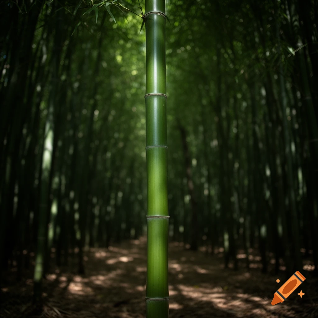 A thick, bright green bamboo stalk stands tall in a lush, dark photorealistic bamboo forest.