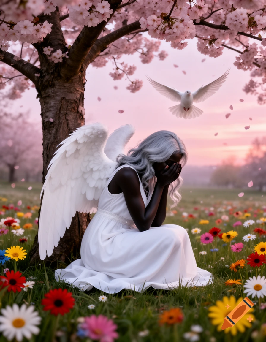 A dark-skinned angel with silver hair and white wings kneels crying under a cherry blossom tree among wildflowers as a white dove flies.