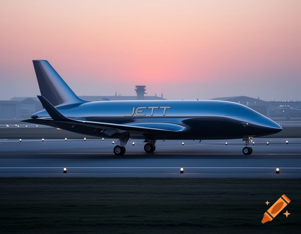 A sleek, dark metallic airplane with 'JETT' on its side, sits on a runway at sunset. Photorealistic.