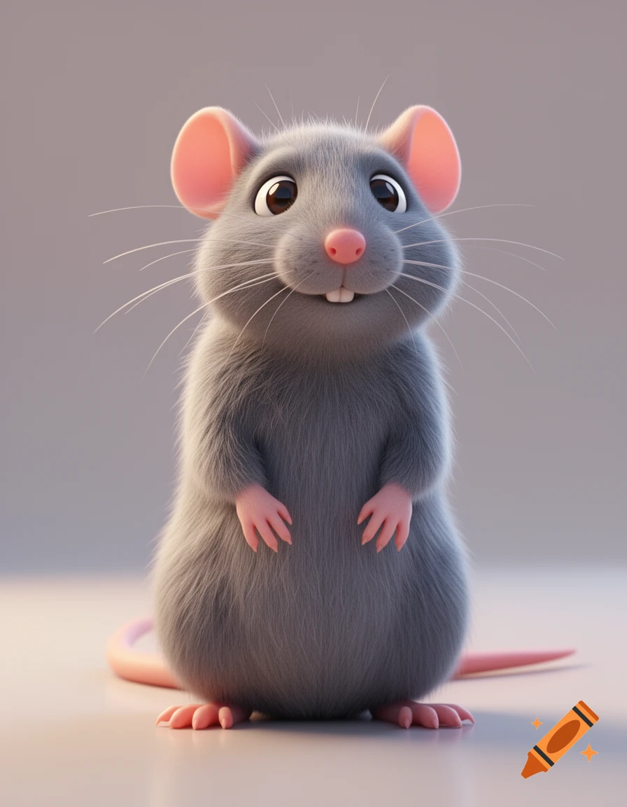 A cute, fluffy grey cartoon rat with large pink ears and nose, smiling and standing upright on a light background.
