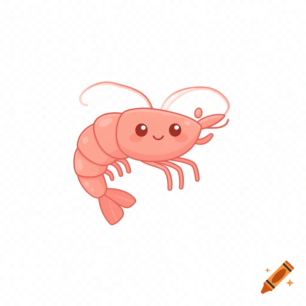 A cute, pink cartoon shrimp with big eyes and a smile, in kawaii style, on a transparent background.