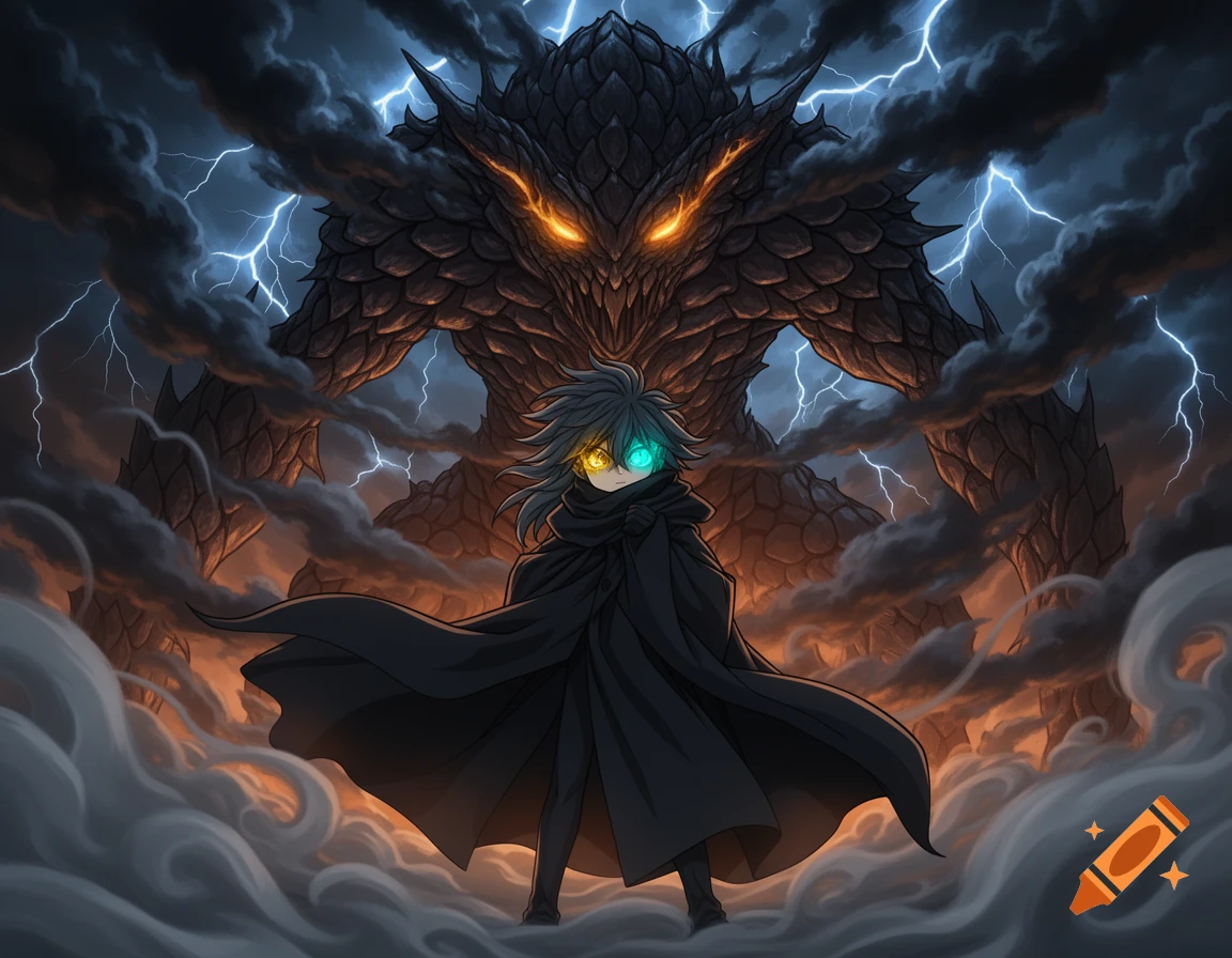 An anime character with glowing eyes stands before a massive, scaly monster under a stormy, lightning-filled sky.