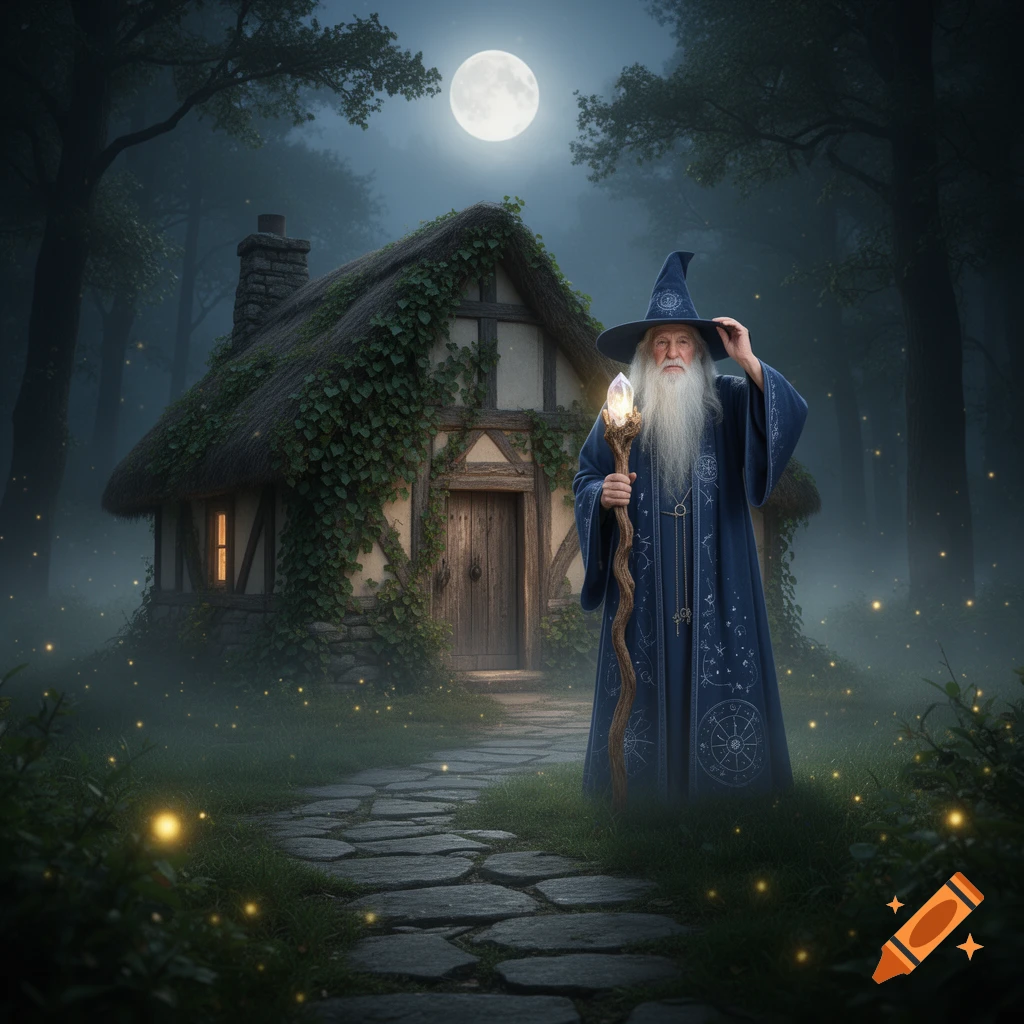 A bearded wizard in a blue robe and pointed hat, holding a glowing staff, stands on a stone path in front of an ivy-covered cottage under a full moon at night, surrounded by fireflies.