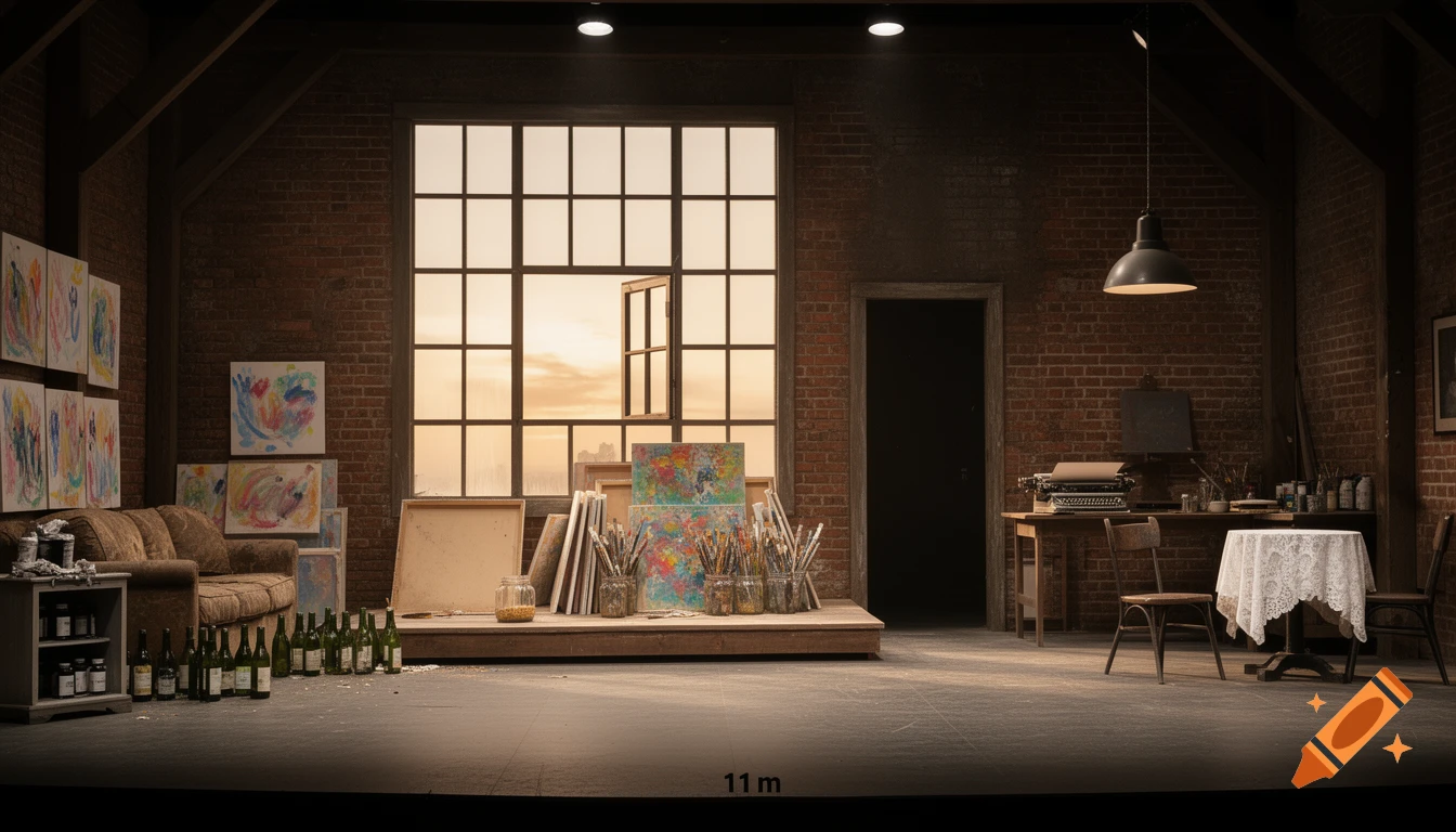 An industrial loft theater set with a large window, paintings, art supplies, vintage furniture, and a dark, moody atmosphere.