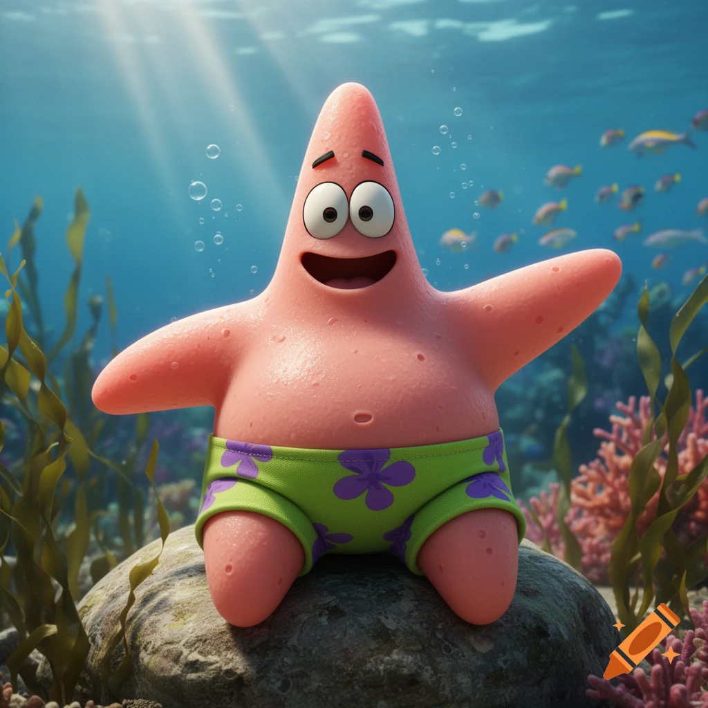 A realistic 3D rendering of Patrick Star wearing green shorts with purple flowers, sitting on a rock underwater amidst coral and fish.