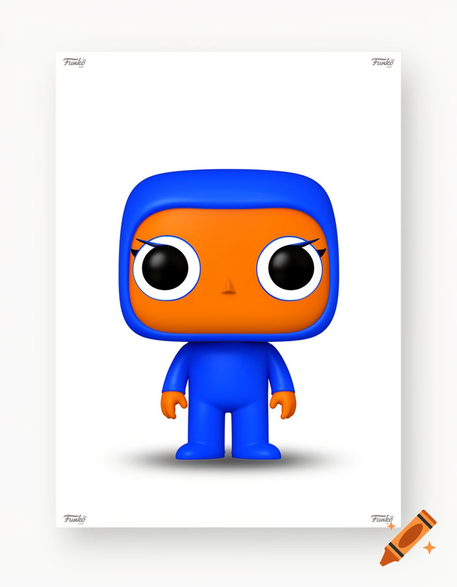 A minimalistic poster featuring a blue and orange Funko Pop character with large eyes, on a white background.