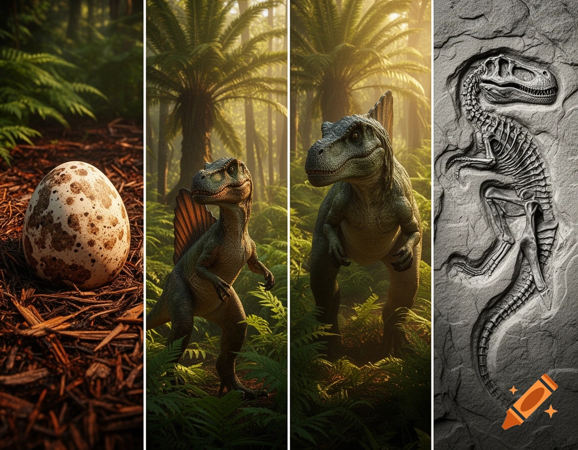 Four panels showing the progression of a dinosaur: a speckled egg, a baby Spinosaurus, a juvenile Spinosaurus in a jungle, and a fossil.