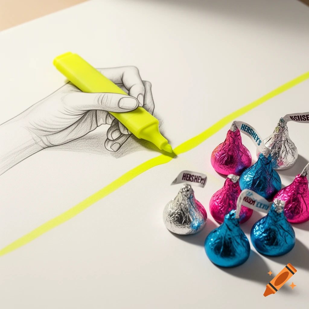 A sketched hand holding a yellow highlighter drawing a line on white paper next to foil-wrapped Hershey's Kisses.